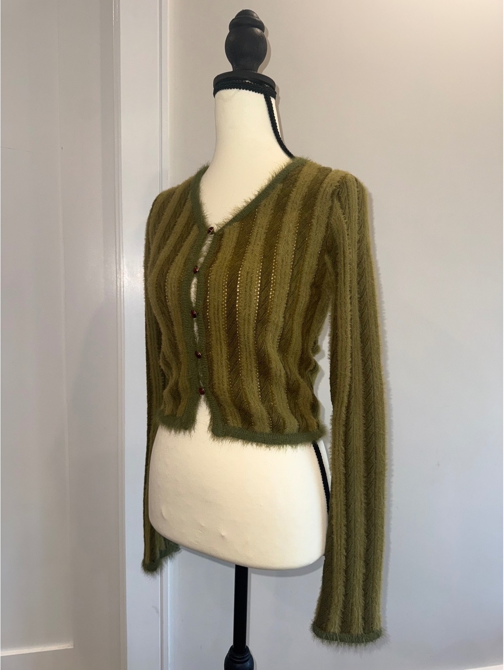 Vintage Olive Green Fuzzy Striped Cardigan Size S